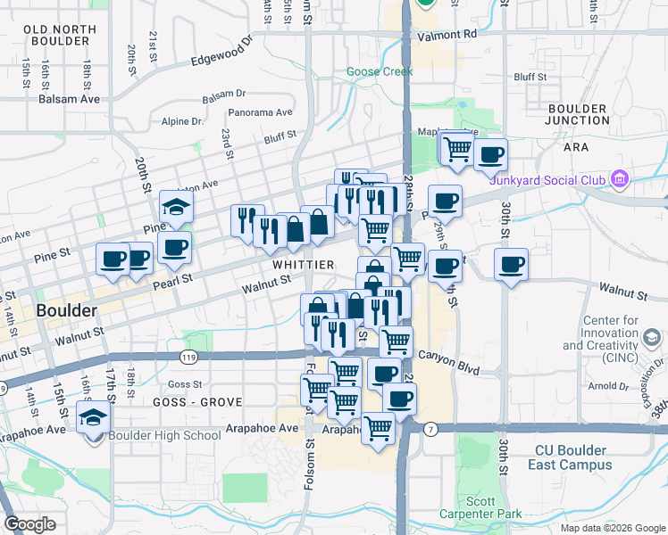map of restaurants, bars, coffee shops, grocery stores, and more near 1884 Folsom Street in Boulder