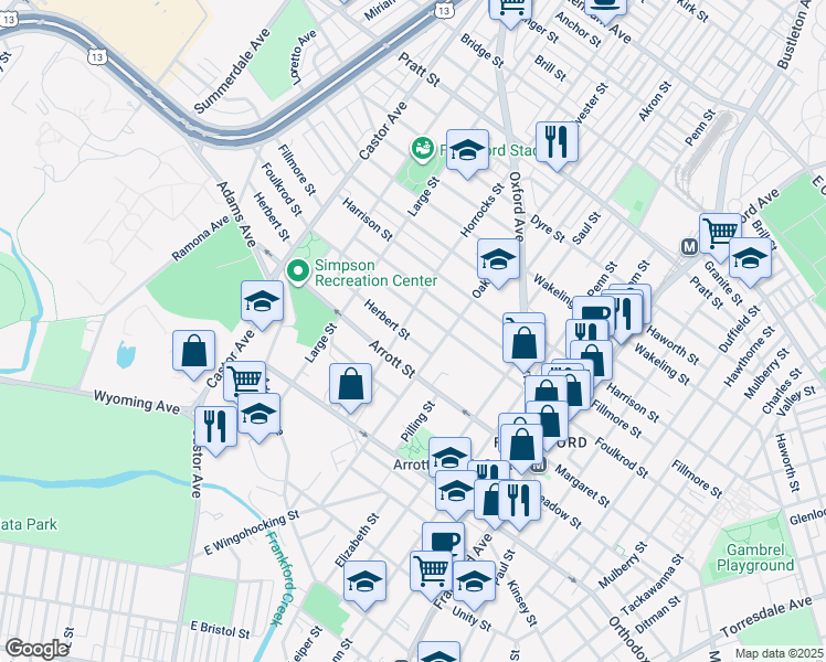 map of restaurants, bars, coffee shops, grocery stores, and more near 1209 Herbert Street in Philadelphia