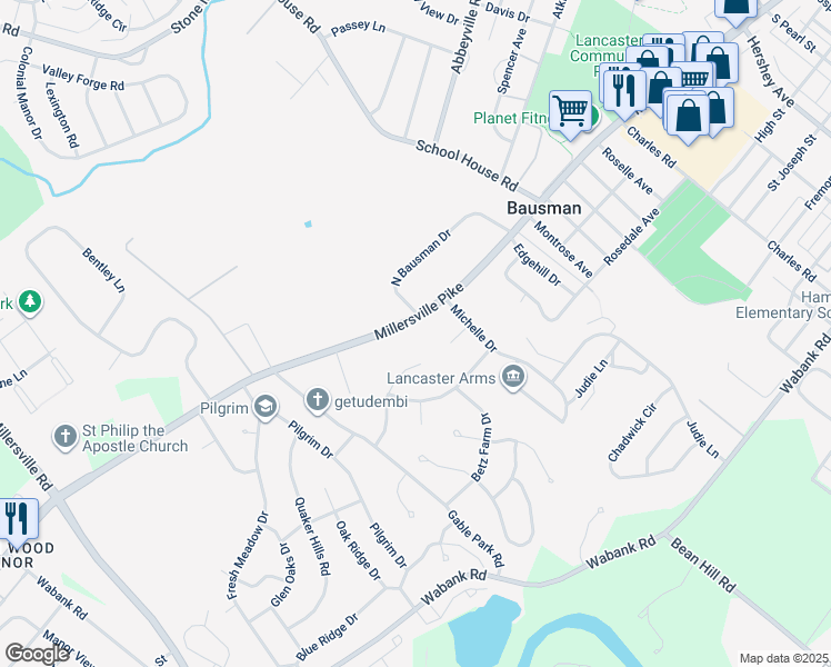 map of restaurants, bars, coffee shops, grocery stores, and more near 1700 Millersville Pike in Lancaster