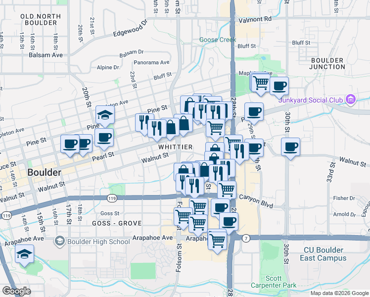 map of restaurants, bars, coffee shops, grocery stores, and more near 1884 Folsom Street in Boulder