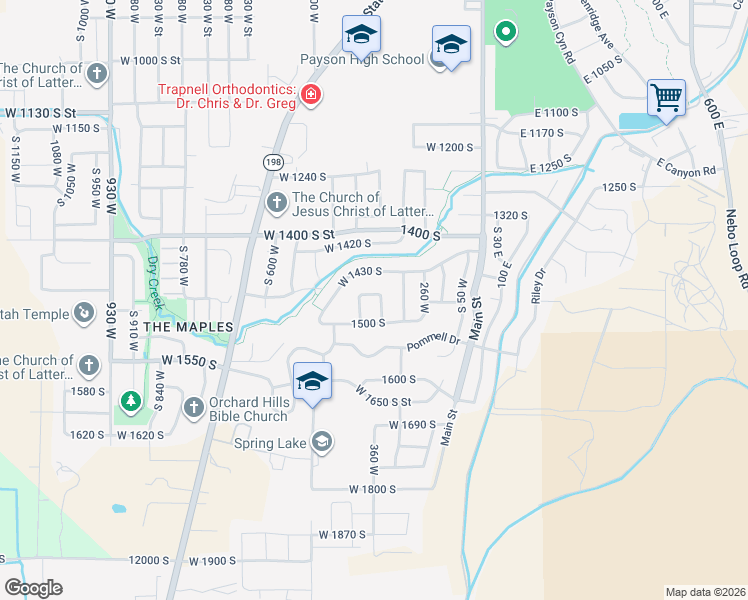map of restaurants, bars, coffee shops, grocery stores, and more near 365 1440 South in Payson