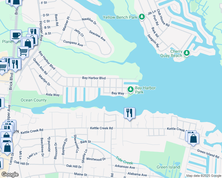 map of restaurants, bars, coffee shops, grocery stores, and more near 19 Ardmore Drive in Brick Township