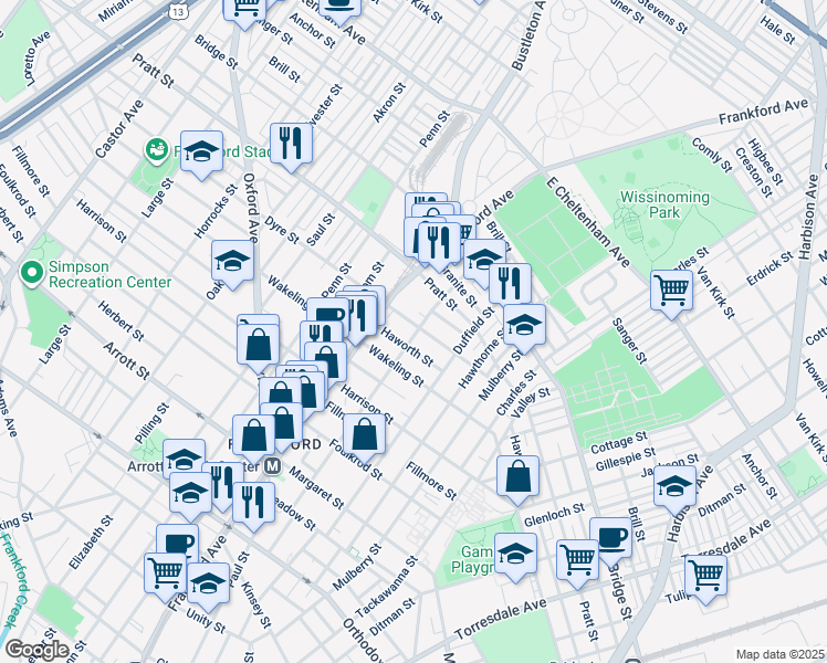 map of restaurants, bars, coffee shops, grocery stores, and more near 1636 Dyre Street in Philadelphia