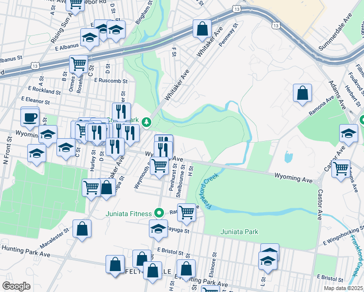 map of restaurants, bars, coffee shops, grocery stores, and more near 721R Maple Lane in Philadelphia