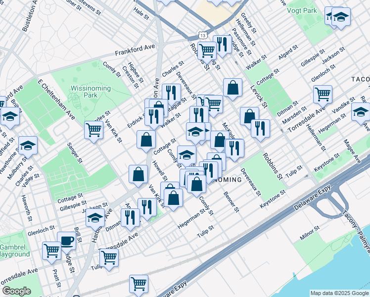 map of restaurants, bars, coffee shops, grocery stores, and more near 4423 Higbee Street in Philadelphia