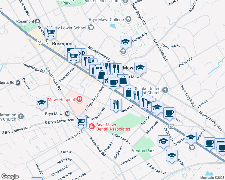 map of restaurants, bars, coffee shops, grocery stores, and more near 776 U.S. 30 in Bryn Mawr