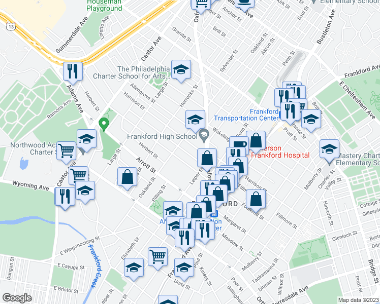 map of restaurants, bars, coffee shops, grocery stores, and more near 1335 Fillmore Street in Philadelphia