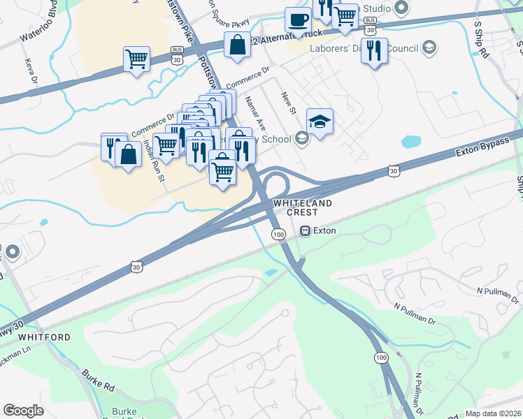 map of restaurants, bars, coffee shops, grocery stores, and more near Exton Bypass in Exton