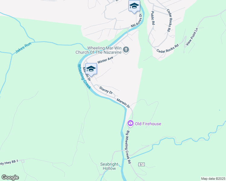 map of restaurants, bars, coffee shops, grocery stores, and more near 23 Mountaineer Circle in Wheeling