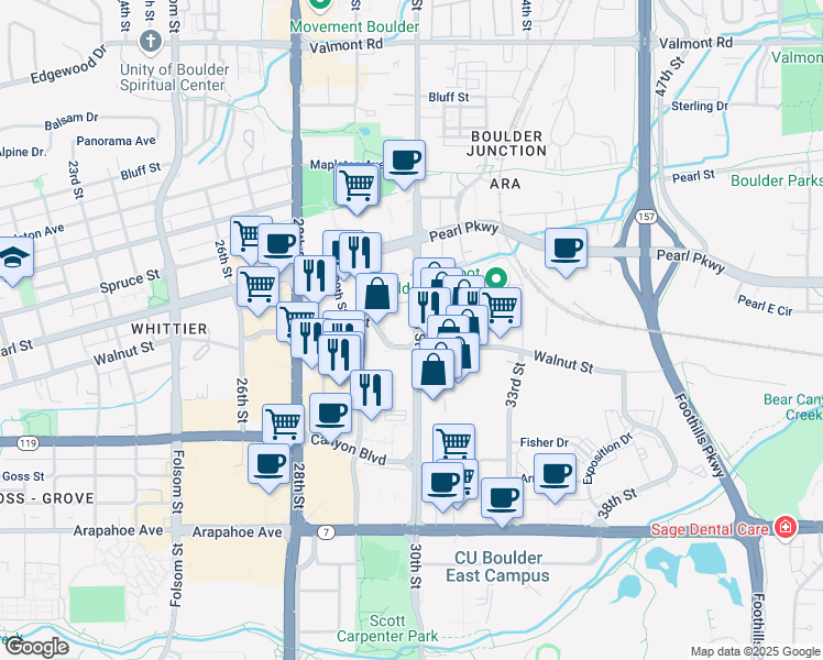 map of restaurants, bars, coffee shops, grocery stores, and more near 1880 30th Street in Boulder