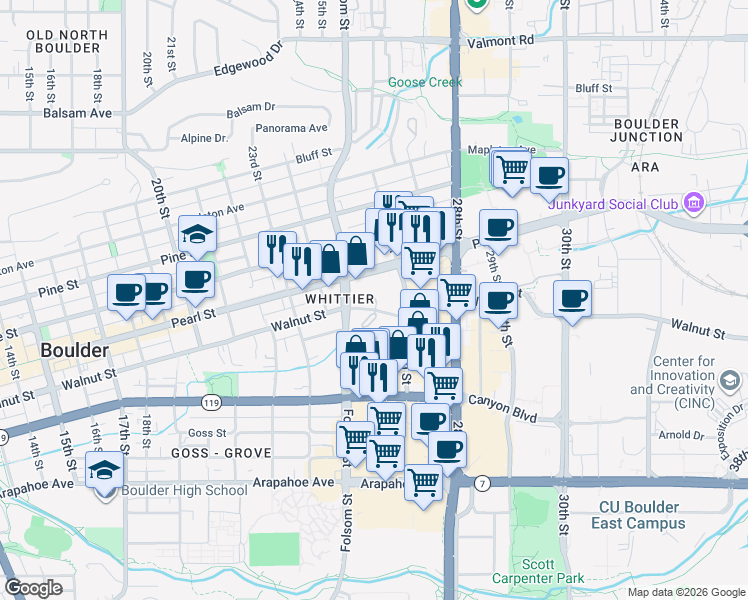 map of restaurants, bars, coffee shops, grocery stores, and more near 1884 Folsom Street in Boulder