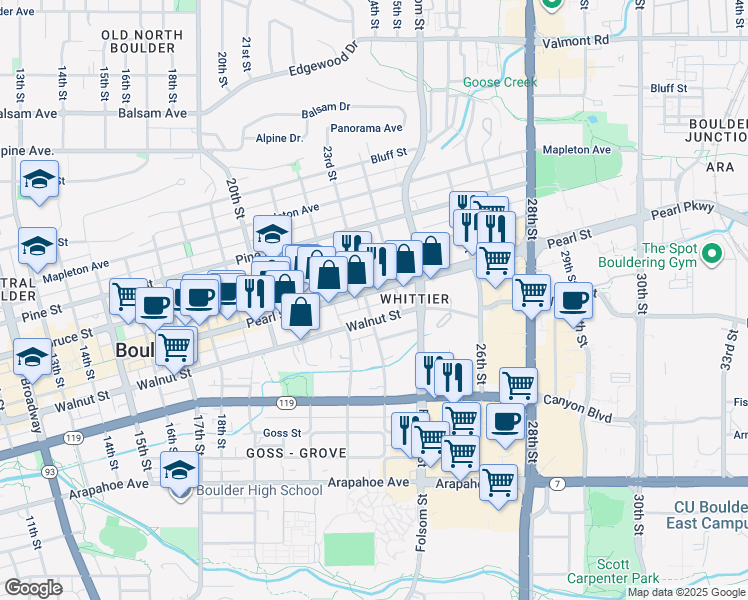 map of restaurants, bars, coffee shops, grocery stores, and more near 2247 Walnut Street in Boulder
