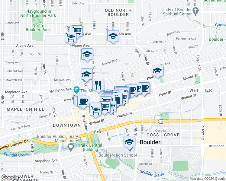 map of restaurants, bars, coffee shops, grocery stores, and more near 1515 Spruce Street in Boulder
