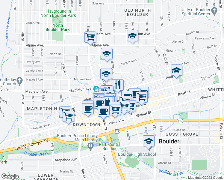 map of restaurants, bars, coffee shops, grocery stores, and more near 2174 13th Street in Boulder