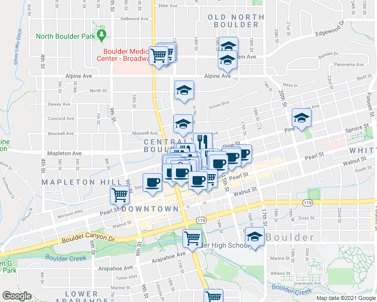 map of restaurants, bars, coffee shops, grocery stores, and more near 2150 13th Street in Boulder