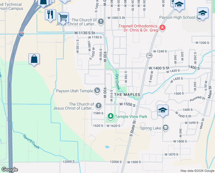 map of restaurants, bars, coffee shops, grocery stores, and more near 1485 South 930 West in Payson