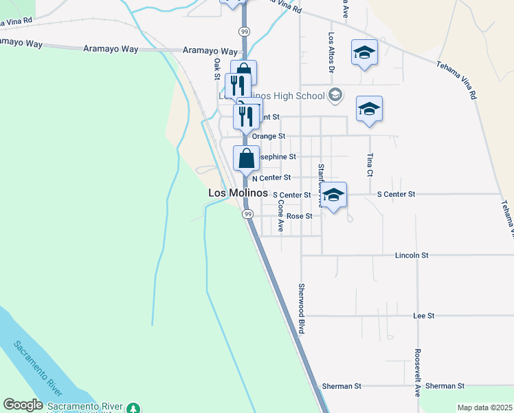 map of restaurants, bars, coffee shops, grocery stores, and more near 7702 Molinos Avenue in Los Molinos