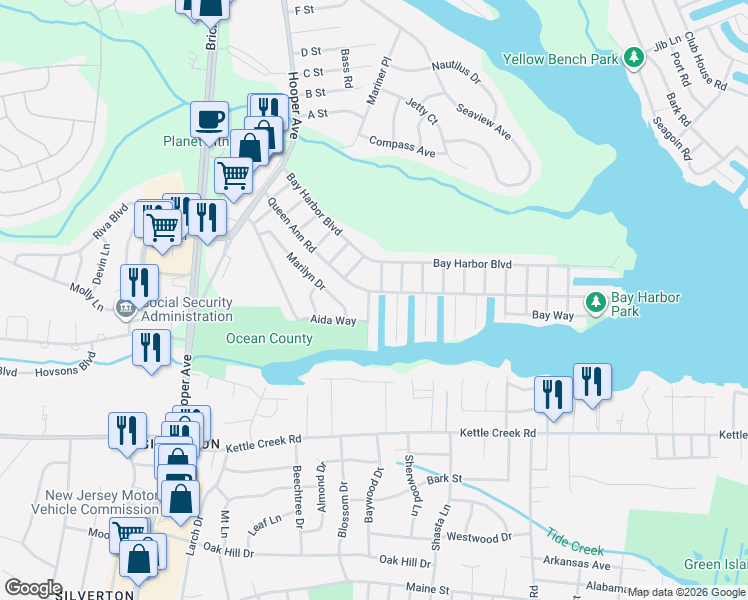 map of restaurants, bars, coffee shops, grocery stores, and more near 90 Aida Way in Brick Township