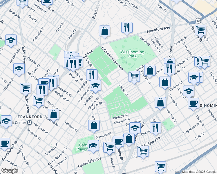 map of restaurants, bars, coffee shops, grocery stores, and more near 5353 Charles Street in Philadelphia