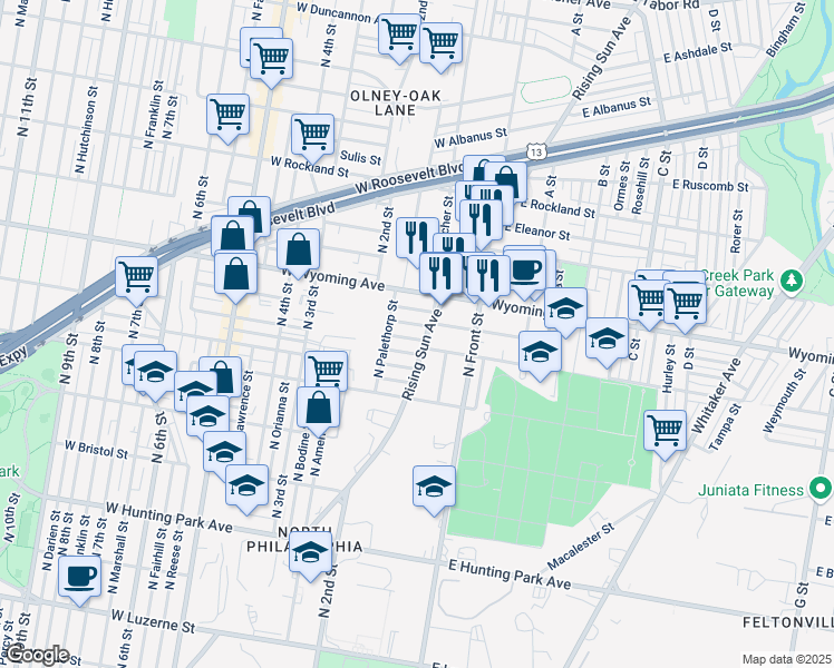 map of restaurants, bars, coffee shops, grocery stores, and more near 180 West Raymond Street in Philadelphia