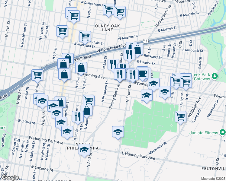 map of restaurants, bars, coffee shops, grocery stores, and more near 161 West Thelma Street in Philadelphia