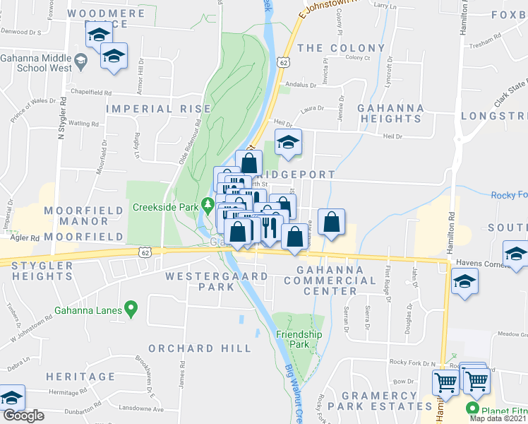 map of restaurants, bars, coffee shops, grocery stores, and more near 94 North High Street in Gahanna