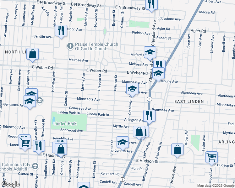 map of restaurants, bars, coffee shops, grocery stores, and more near 1554 Minnesota Avenue in Columbus