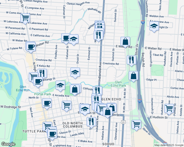 map of restaurants, bars, coffee shops, grocery stores, and more near 371 Olentangy Street in Columbus