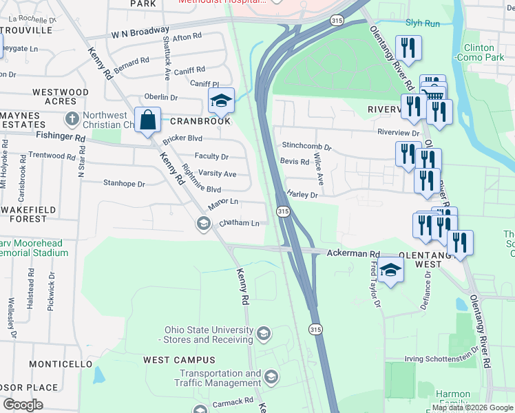 map of restaurants, bars, coffee shops, grocery stores, and more near 922 Chatham Lane in Columbus