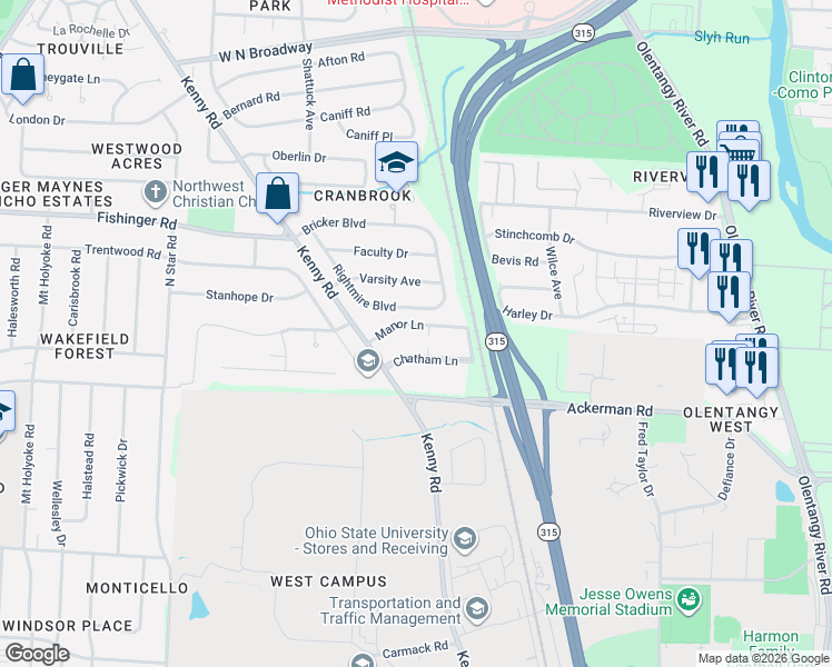 map of restaurants, bars, coffee shops, grocery stores, and more near 966 Chatham Lane in Columbus