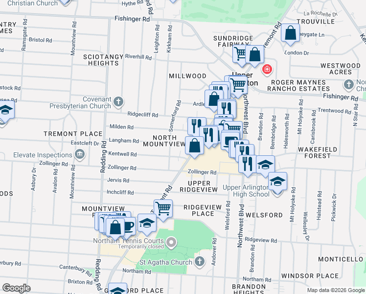 map of restaurants, bars, coffee shops, grocery stores, and more near 1860 Kentwell Road in Columbus