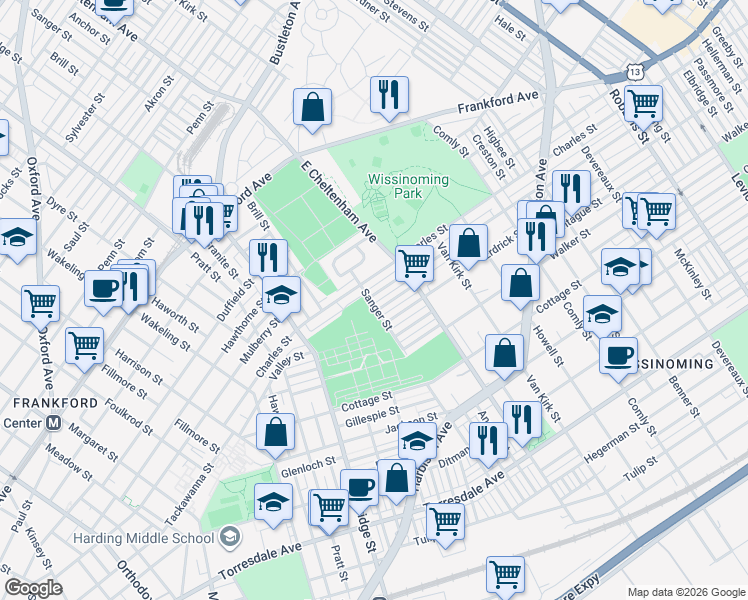 map of restaurants, bars, coffee shops, grocery stores, and more near 1836 Sanger Street in Philadelphia