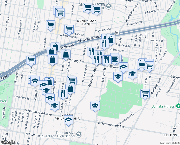 map of restaurants, bars, coffee shops, grocery stores, and more near 180 West Raymond Street in Philadelphia