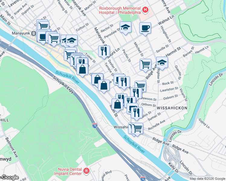 map of restaurants, bars, coffee shops, grocery stores, and more near 3811 Cresson Street in Philadelphia