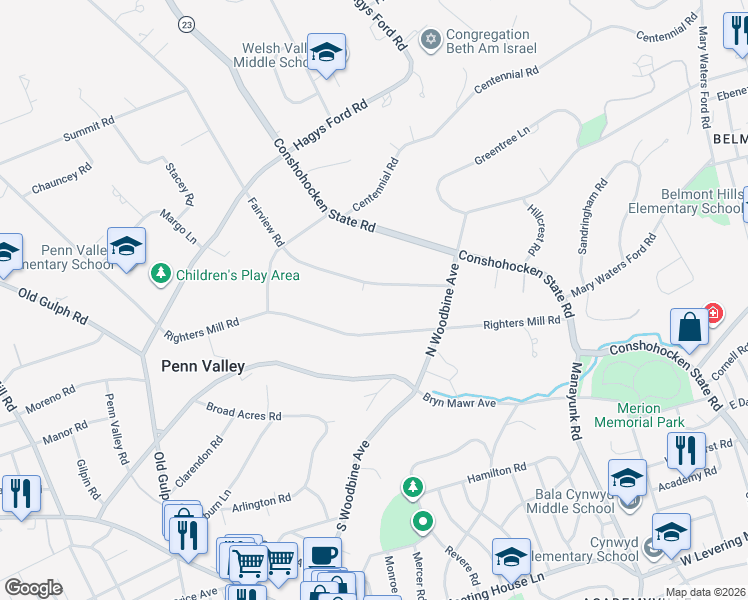 map of restaurants, bars, coffee shops, grocery stores, and more near 619 Righters Mill Road in Penn Valley