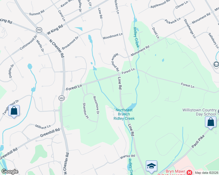 map of restaurants, bars, coffee shops, grocery stores, and more near 108 Tramore Circle in Malvern
