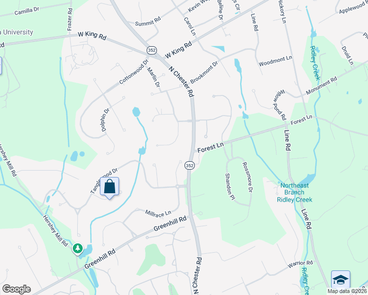 map of restaurants, bars, coffee shops, grocery stores, and more near 1221 Mayapple Lane in West Chester