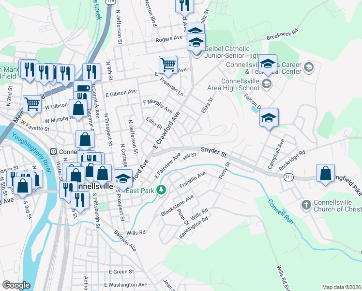 map of restaurants, bars, coffee shops, grocery stores, and more near 211 Hill St in Connellsville