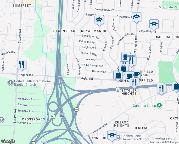 map of restaurants, bars, coffee shops, grocery stores, and more near 600 Agler Road in Columbus