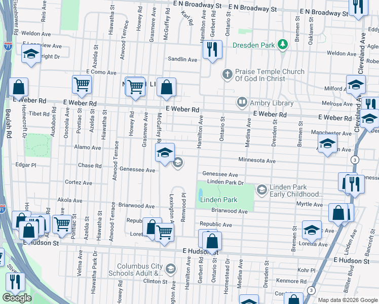 map of restaurants, bars, coffee shops, grocery stores, and more near 1225 Minnesota Avenue in Columbus