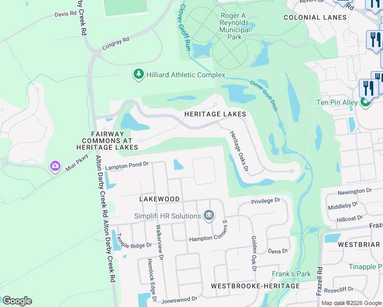 map of restaurants, bars, coffee shops, grocery stores, and more near 6033 Morganwood Square in Hilliard