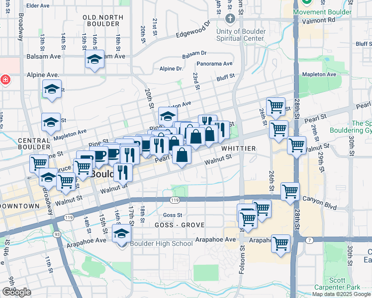 map of restaurants, bars, coffee shops, grocery stores, and more near 2060 Pearl Street in Boulder