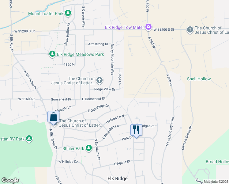 map of restaurants, bars, coffee shops, grocery stores, and more near 348 Ridge View Drive in Elk Ridge
