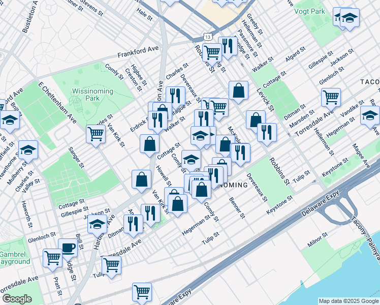 map of restaurants, bars, coffee shops, grocery stores, and more near 4423 Higbee Street in Philadelphia