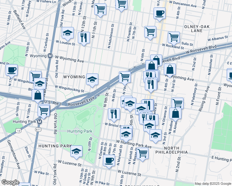 map of restaurants, bars, coffee shops, grocery stores, and more near 4503 North 8th Street in Philadelphia