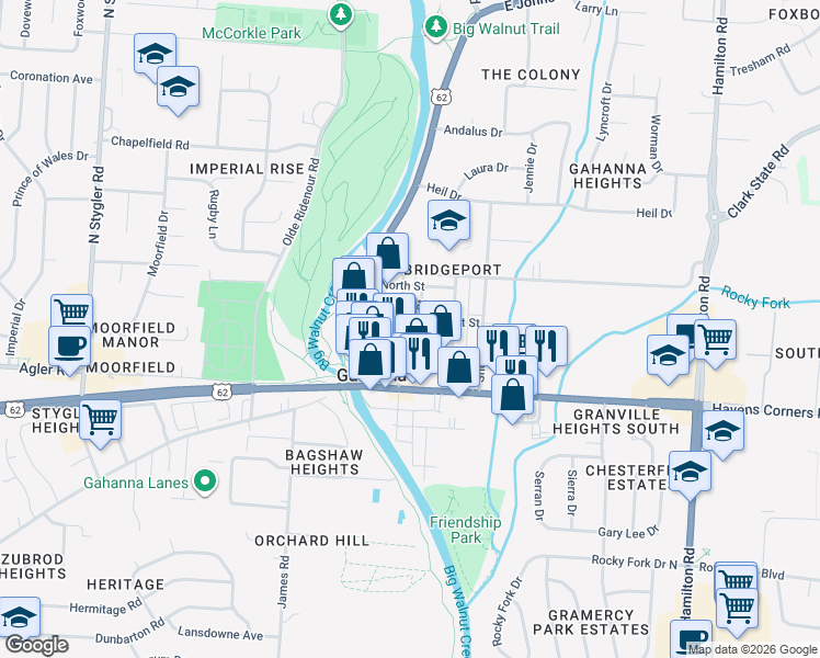 map of restaurants, bars, coffee shops, grocery stores, and more near 94 North High Street in Gahanna