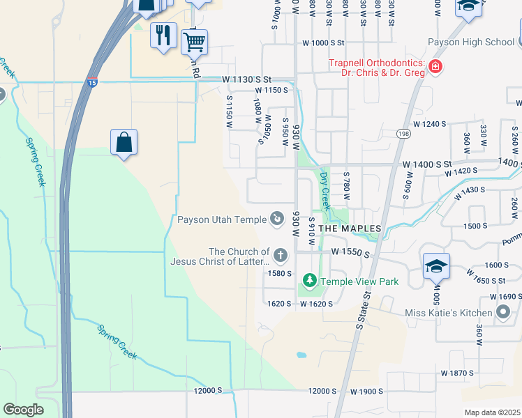 map of restaurants, bars, coffee shops, grocery stores, and more near 1051 West Temple Rim Lane in Payson