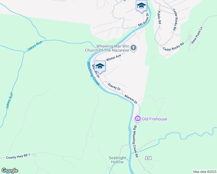map of restaurants, bars, coffee shops, grocery stores, and more near 401 Stacey Apartments Drive in Wheeling