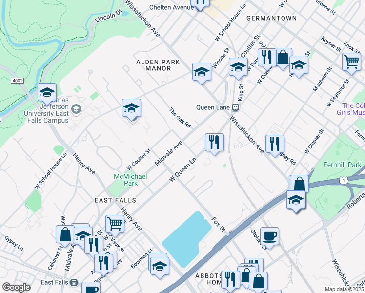 map of restaurants, bars, coffee shops, grocery stores, and more near 3000 Midvale Avenue in Philadelphia