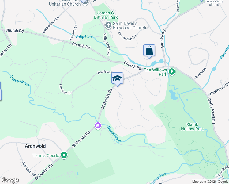 map of restaurants, bars, coffee shops, grocery stores, and more near 3306 Saint Davids Road in Newtown Square